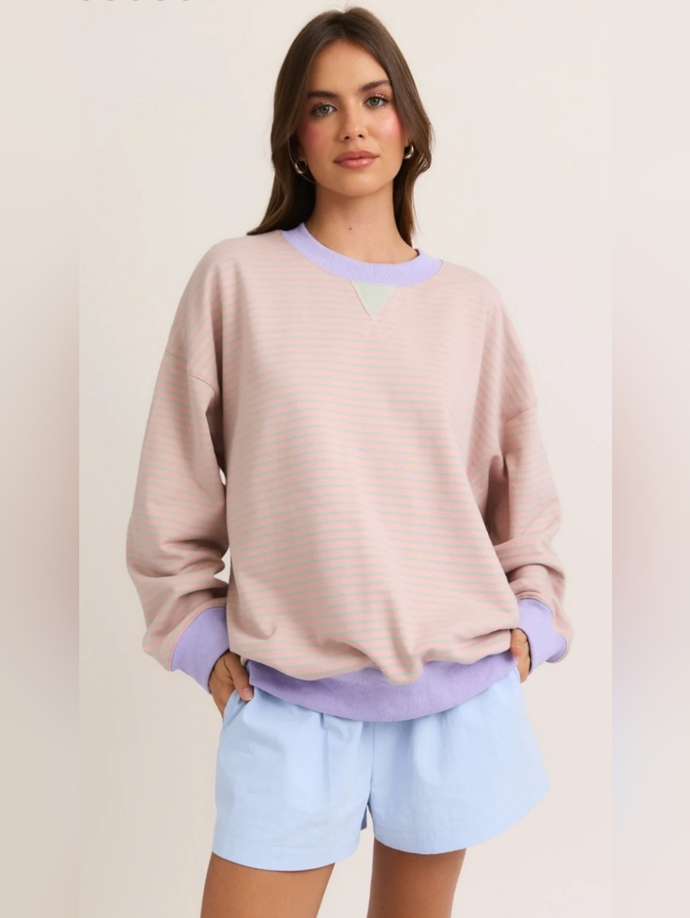 Le Lis Pastel Pink Striped Crewneck Sweater with Lavender Trim
